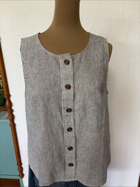 J Crew Factory black /cream linen striped button down. Size medium.